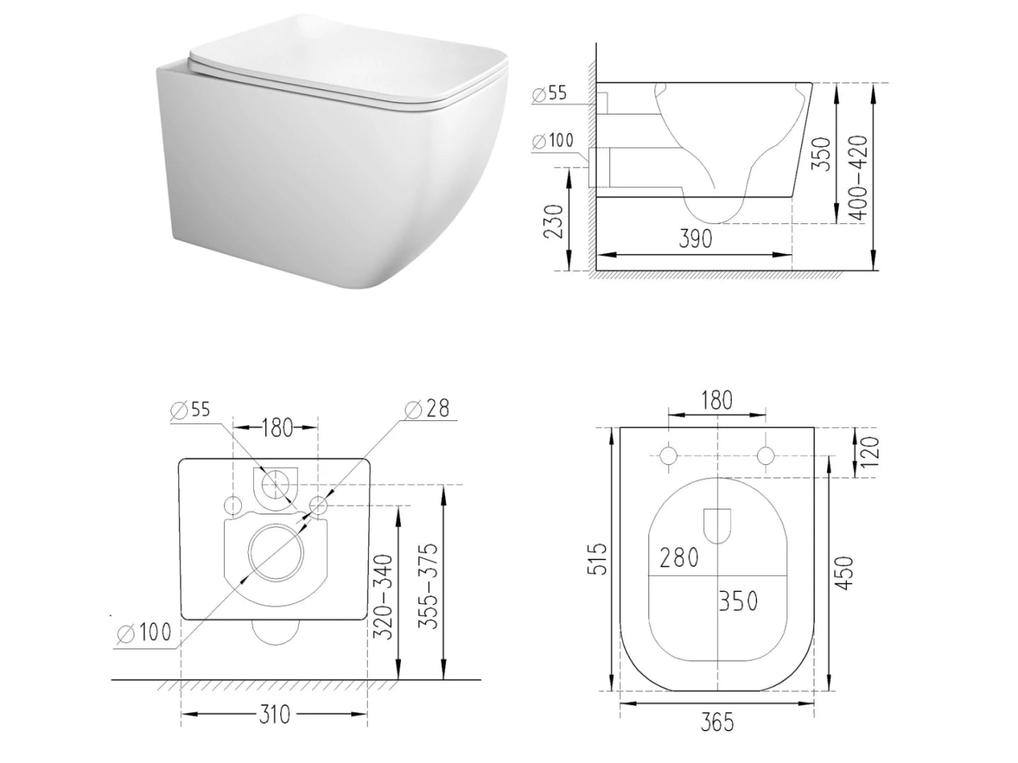 Hangend rimless toilet - Florida Glans wit - 52x36x38cm