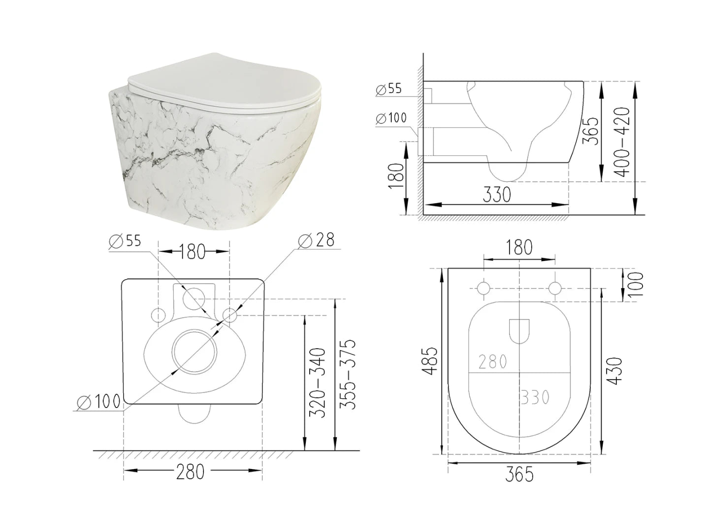 Hangend rimless toilet - Alaska Wit marmer - 49x37x37cm