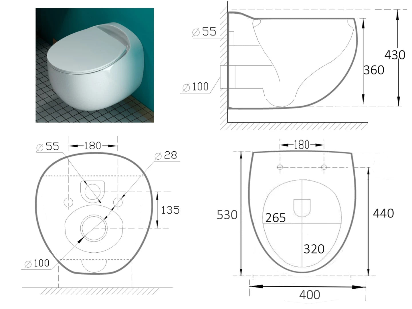Hangend rimless toilet - Detroit Glans wit - 44x40x43cm
