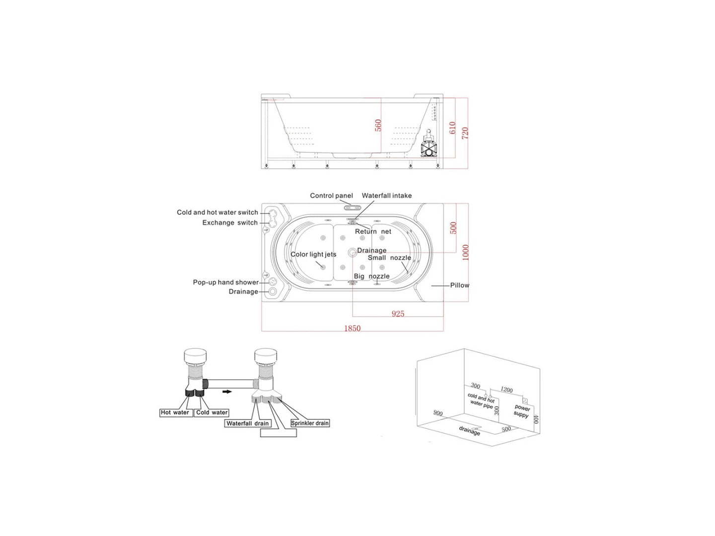 2 persoons vrijstaand massagebad - Pizzo Glans Zwart - 185x100x72cm