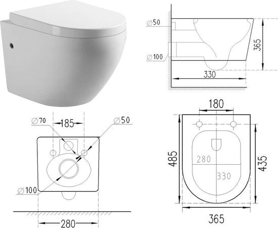 Hangend rimless toilet - Bidet - Alaska Glans wit - 49x37x37cm