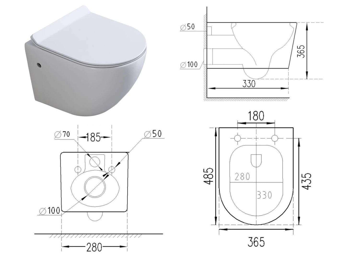 Hangend rimless toilet - Alaska Glans wit - 49x37x37cm