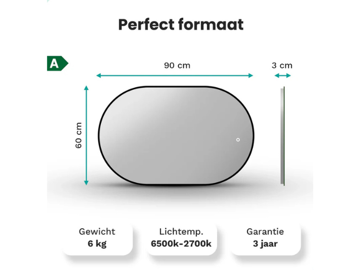 Lumaro LED Badkamerspiegel - 90x60cm Ovaal - Zwart Frame - Anti-condens - Drie dimbare lichtstanden
