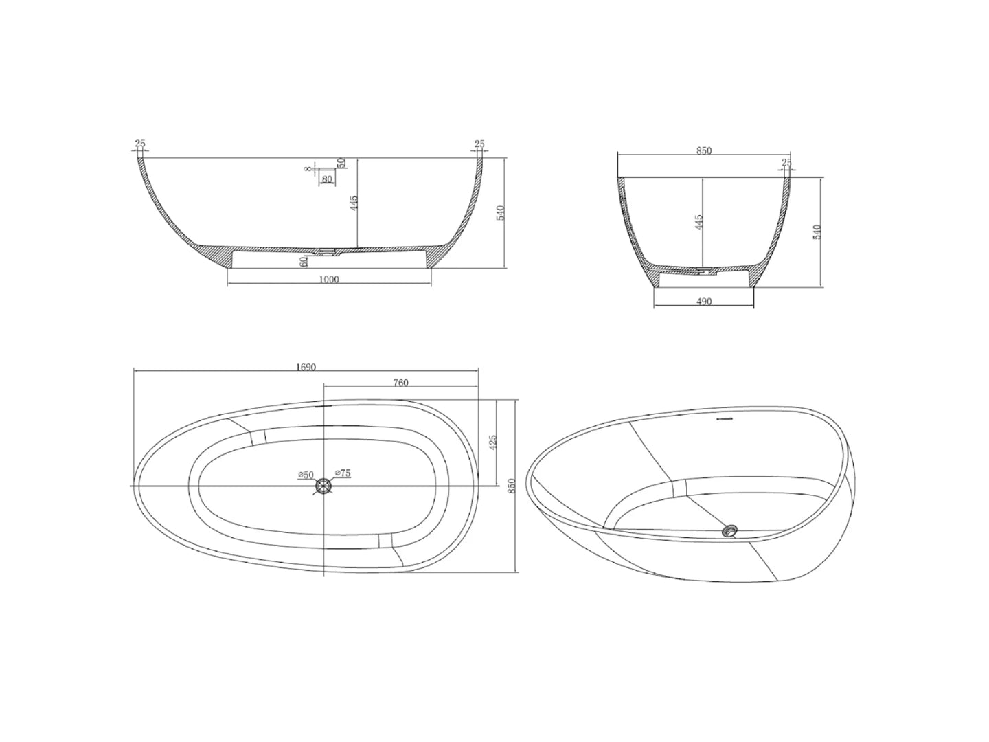 Vrijstaand bad - Solid surface - Zaine Mat wit - 170x85x54cm