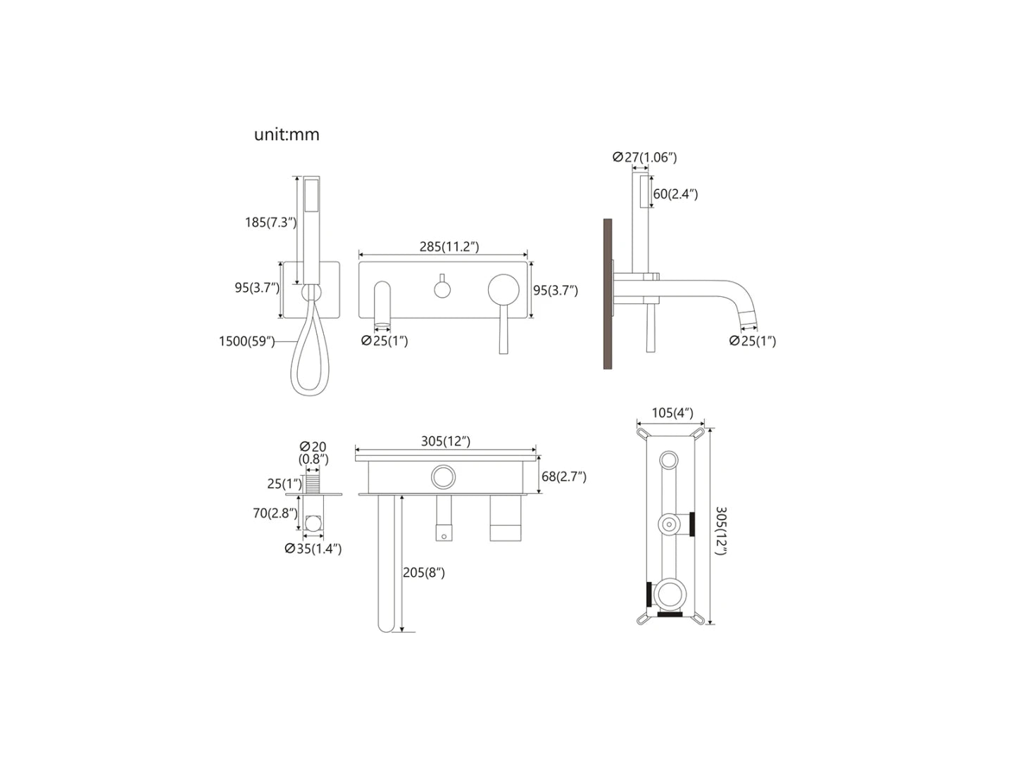 Inbouw badmengkraan - Cello Gunmetal grey - 20x28x9cm