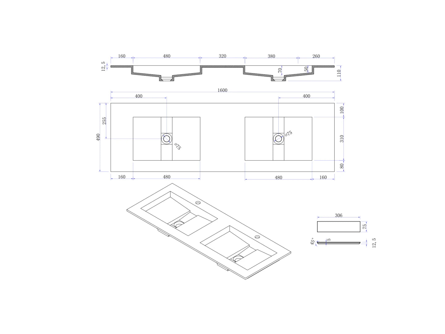 Inbouw wastafel - Solid surface - Ash Mat wit - 49x160x11cm