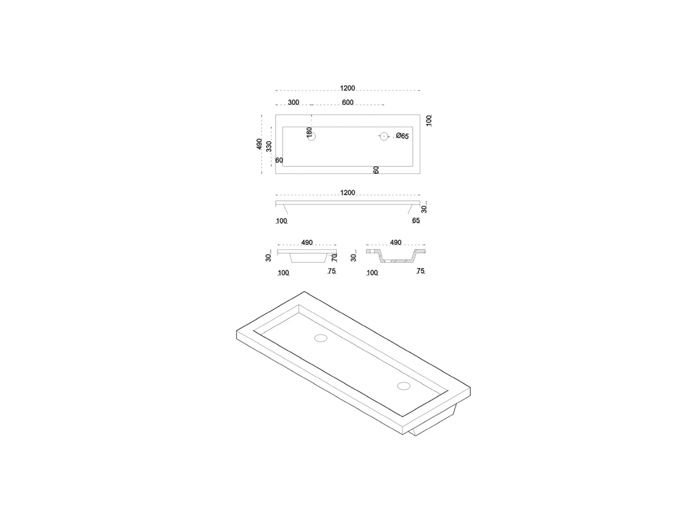 Wasbak Lotus Natuursteen Zonder Kraangaten Grijs - 49x120x3cm