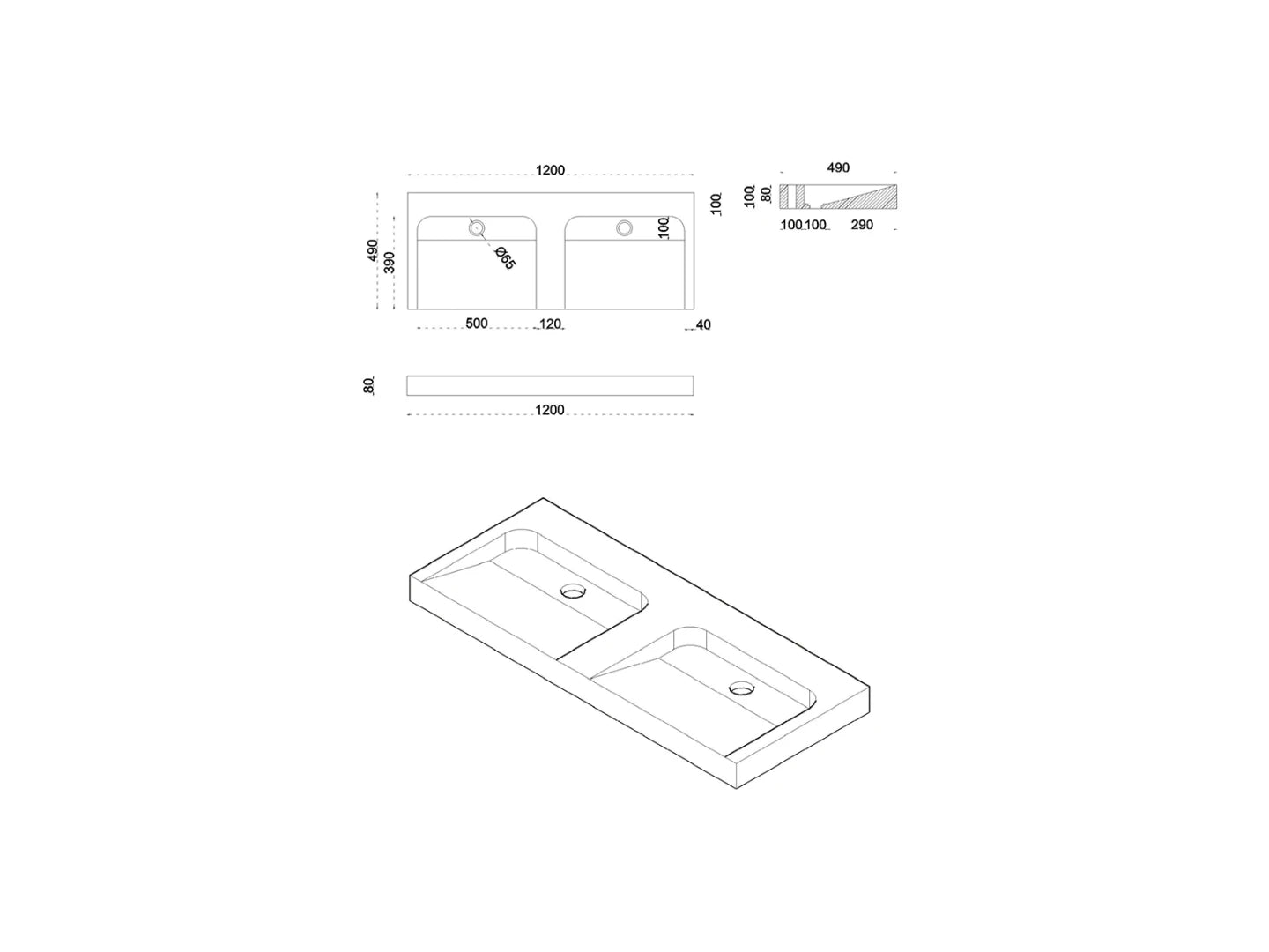 Wasbak Salvador Natuursteen Zonder Kraangaten Grijs - 49x120x10cm