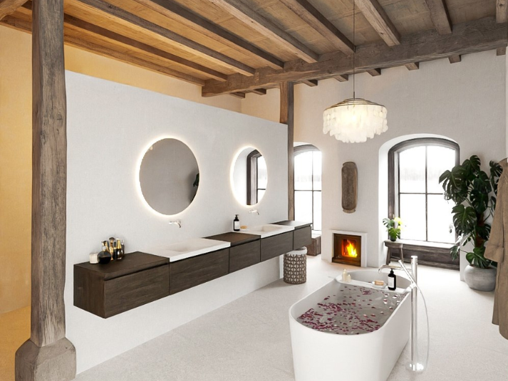 MONDIAZ® BUKLA 340cm Badmeubel - Module 60 - 5 Lades - Dark Brown - Dubbele Wastafel CLOUD zonder Kraangaten - Kleur Talc (Wit)