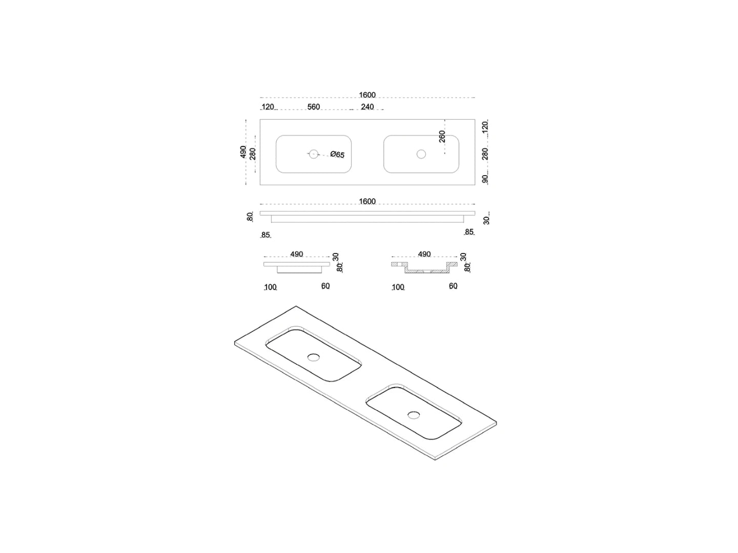 Wasbak Jericho Natuursteen Zonder Kraangaten Grijs - 49x160x3cm