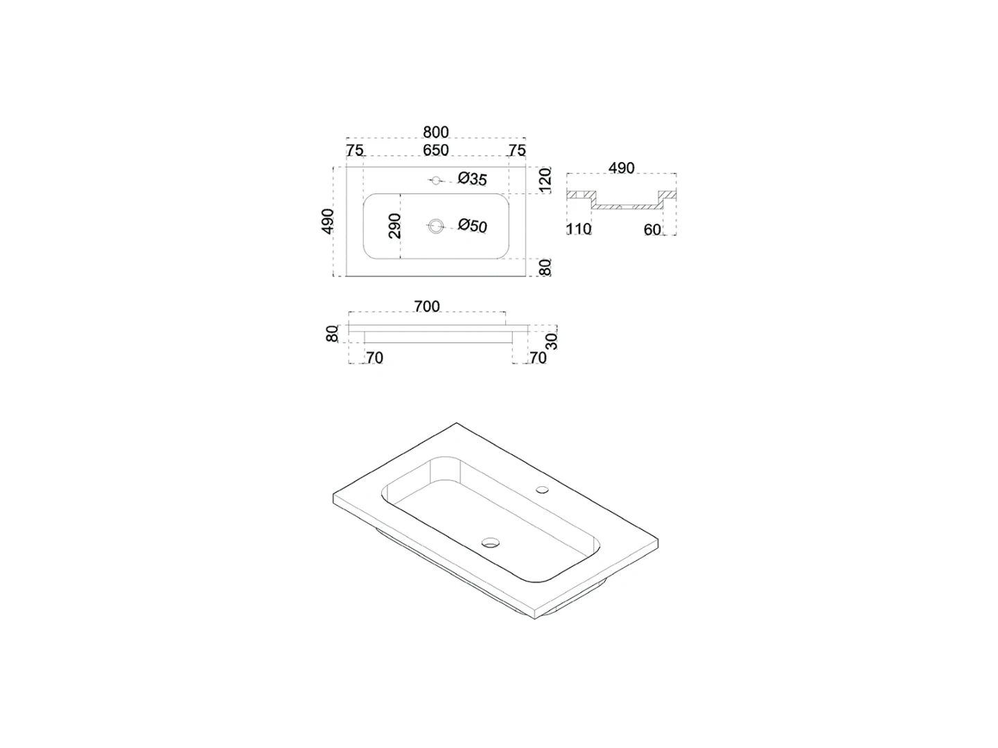 Wasbak Soul Natuursteen Met Gat Grijs - 49x80x3cm