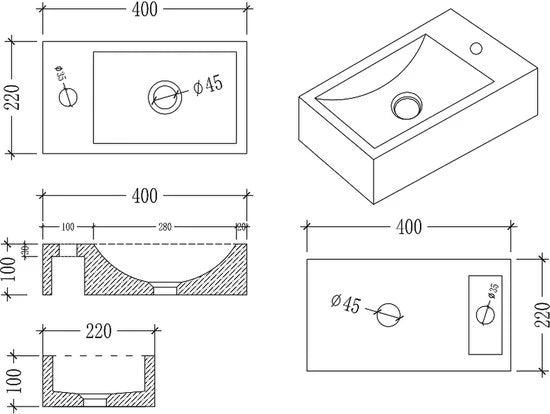 Onderkast met fontein - Oxfort Bruin eiken - Grijs - 22x40x55cm
