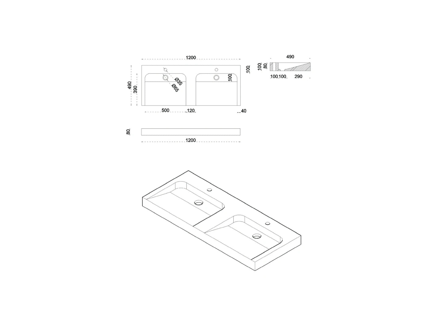 Wasbak Salvador Natuursteen Met Kraangaten Grijs - 49x120x10cm