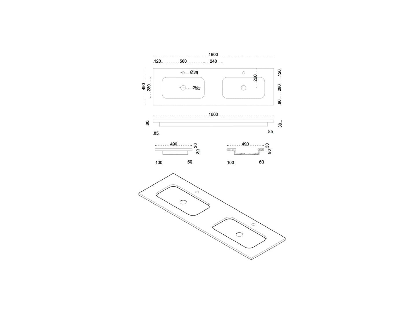 Wasbak Jericho Natuursteen Met Kraangaten Grijs - 49x160x3cm