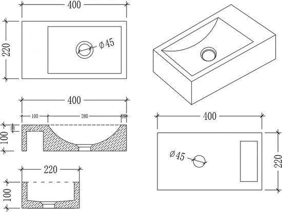 Onderkast met fontein (zonder kraangat) - Oxfort Mat wit, Zwart - 22x40x55cm