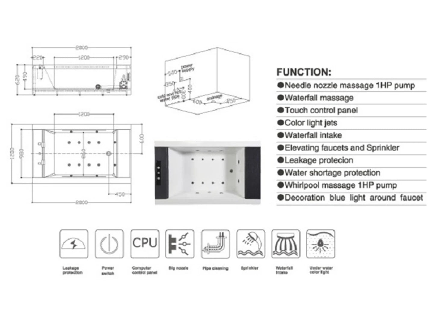 2 persoons inbouw massagebad - Coro Glans wit - 200x120x62cm