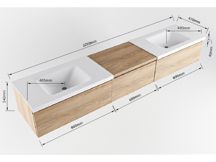 MONDIAZ® BUKLA Badmeubel 220cm - Module 60 - 3 Lades - Washed Oak (Eiken) - Dubbele Wastafel CLOUD met 2 Kraangaten - Kleur Talc (Wit) -