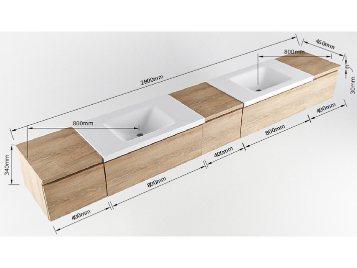 MONDIAZ BUKLA 280cm Badmeubel met Module 40 - Kleur Dark Brown - 5 Lades - Wastafel CLOUD Dubbel - 2 Kraangaten - Kleur Talc (Wit)