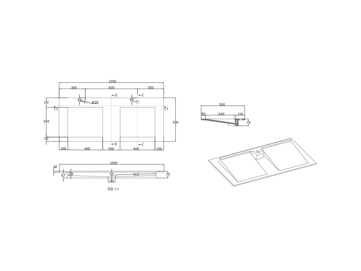 Inbouw wastafel - Solid surface - Sheila Mat wit - 49x120x8cm