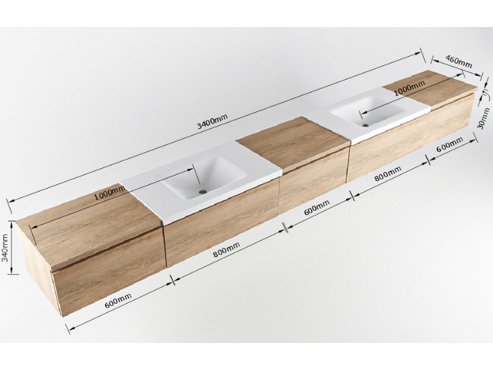 MONDIAZ® BUKLA 340cm Badmeubel - Module 60 - 5 Lades - Washed Oak (Eiken) - Dubbele Wastafel CLOUD met 0 Kraangaten - Kleur Talc (Wit)