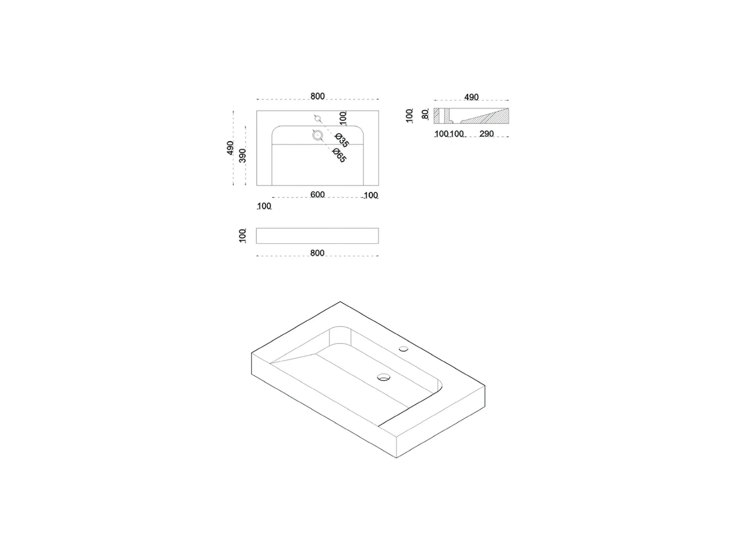 Wasbak Alpha Natuursteen Met Gat Grijs - 49x80x10cm