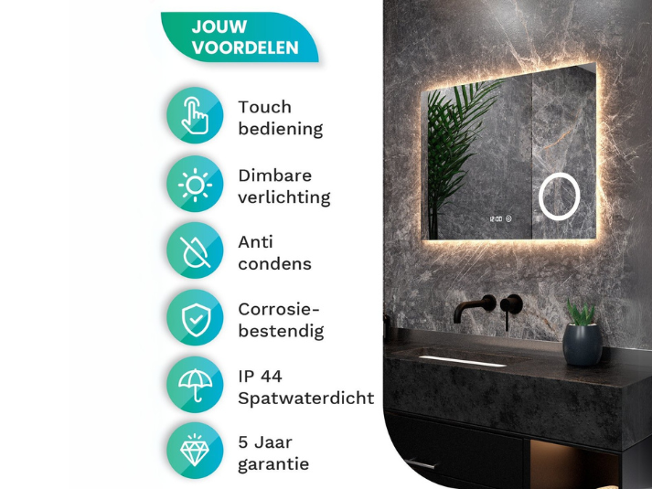 Elaro LED Badkamerspiegel - 120x80cm - Anti-condens - Drie dimbare lichtstanden