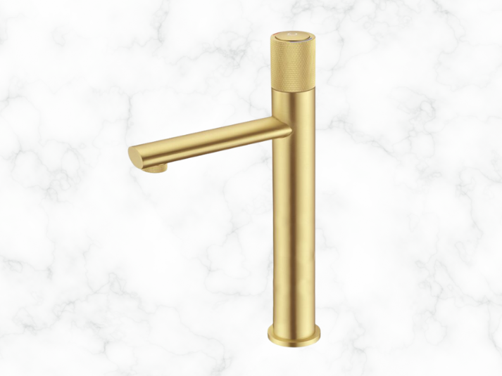 Verhoogde Wastafelkraan Moro - Drukknop en Platte uitloop - Geborsteld Messing Mat Goud