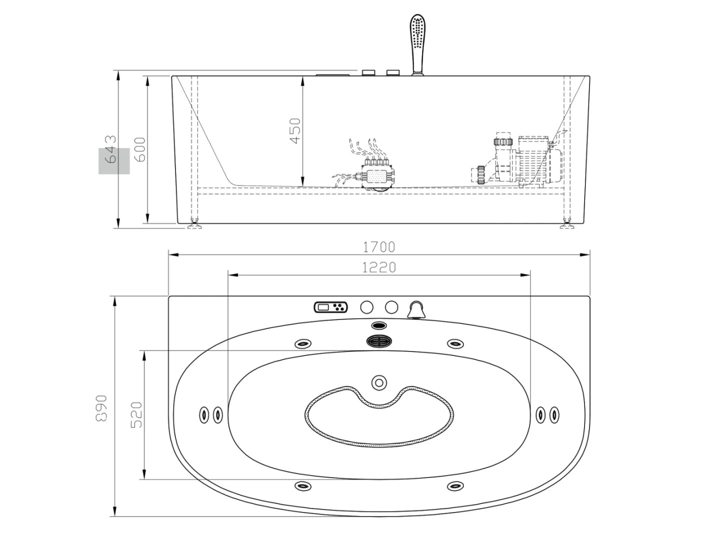 Opbouw massagebad - Borra Mat zwart - 170x88x62cm