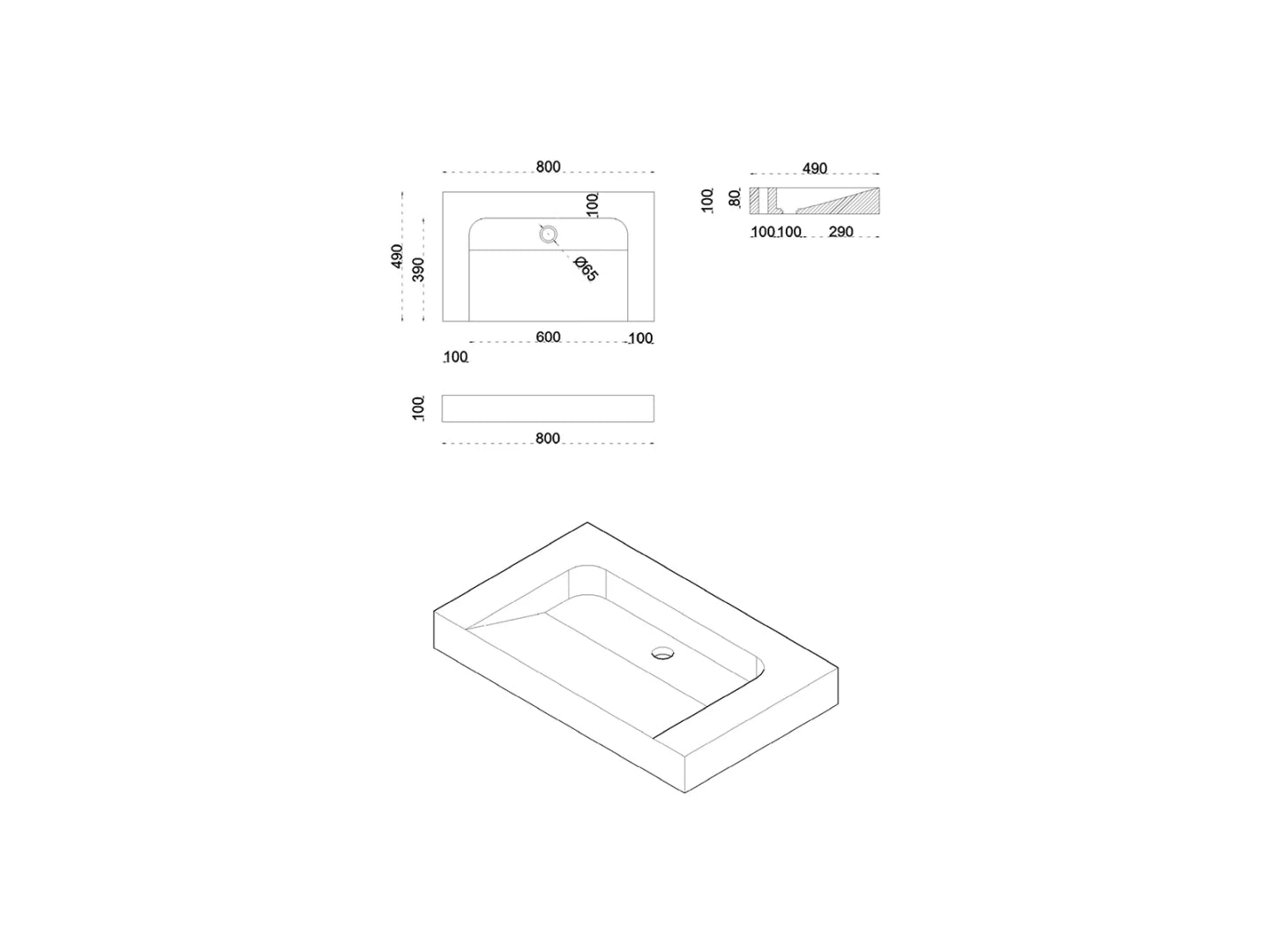 Wasbak Alpha Natuursteen Zonder Gat Grijs - 49x80x10cm