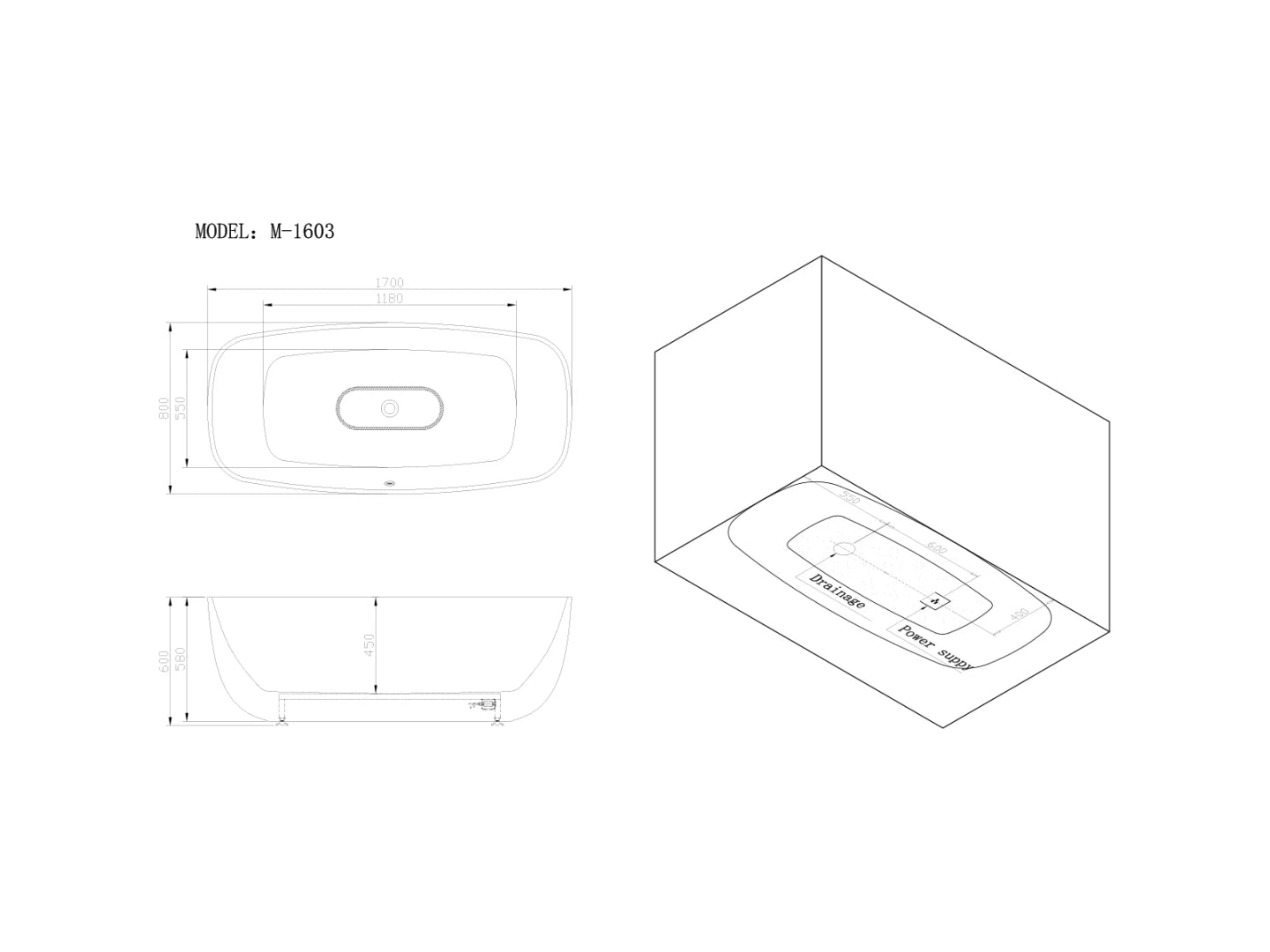 Vrijstaand bad - Lista Glans Zwart - 170x80x60cm