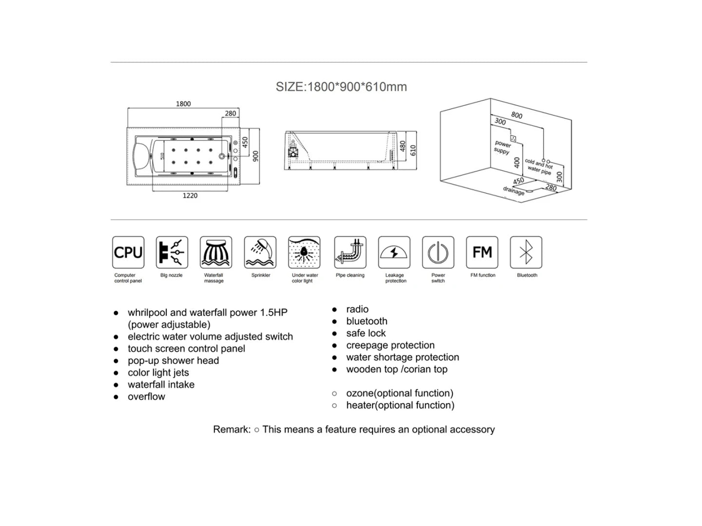 Vrijstaand massagebad - Wit corian top - Nebo Glans wit - 183x93x62cm