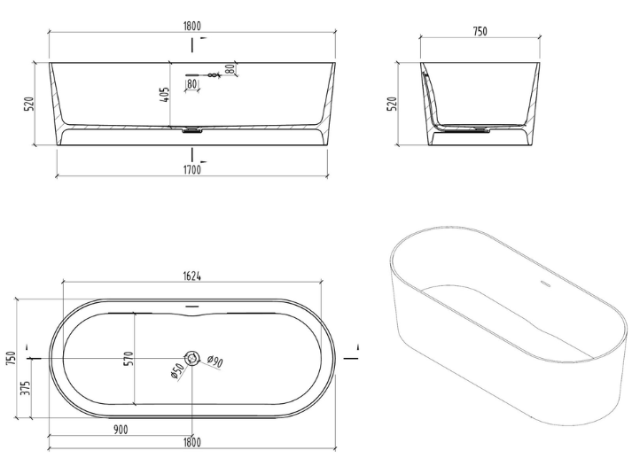 MONDIAZ NOBLE Vrijstaand Bad - 180x75cm - Talc / Talc (Wit)