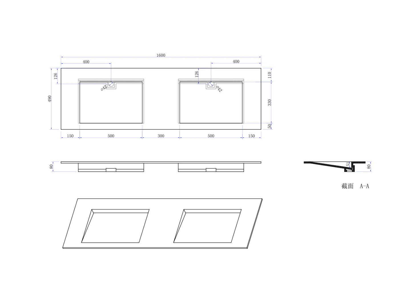 Inbouw wastafel - Solid surface - Sheila Mat wit - 49x160x8cm
