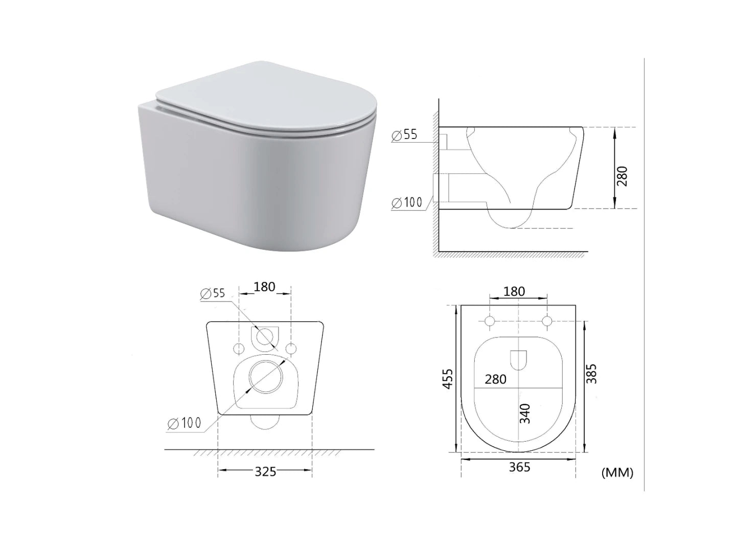 Hangend compact toilet - Kreta Glans wit - 44x36x28cm