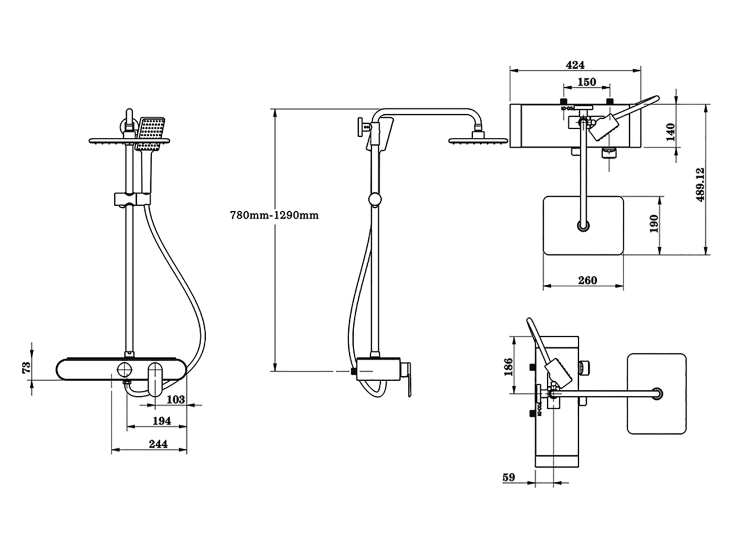 Thermostatisch opbouw regendoucheset - Digitaal display - Yukon Mat zwart