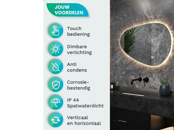 Asymo LED Badkamerspiegel - 120x75cm Organish - Frameloos - Anti-condens - Drie dimbare lichtstanden