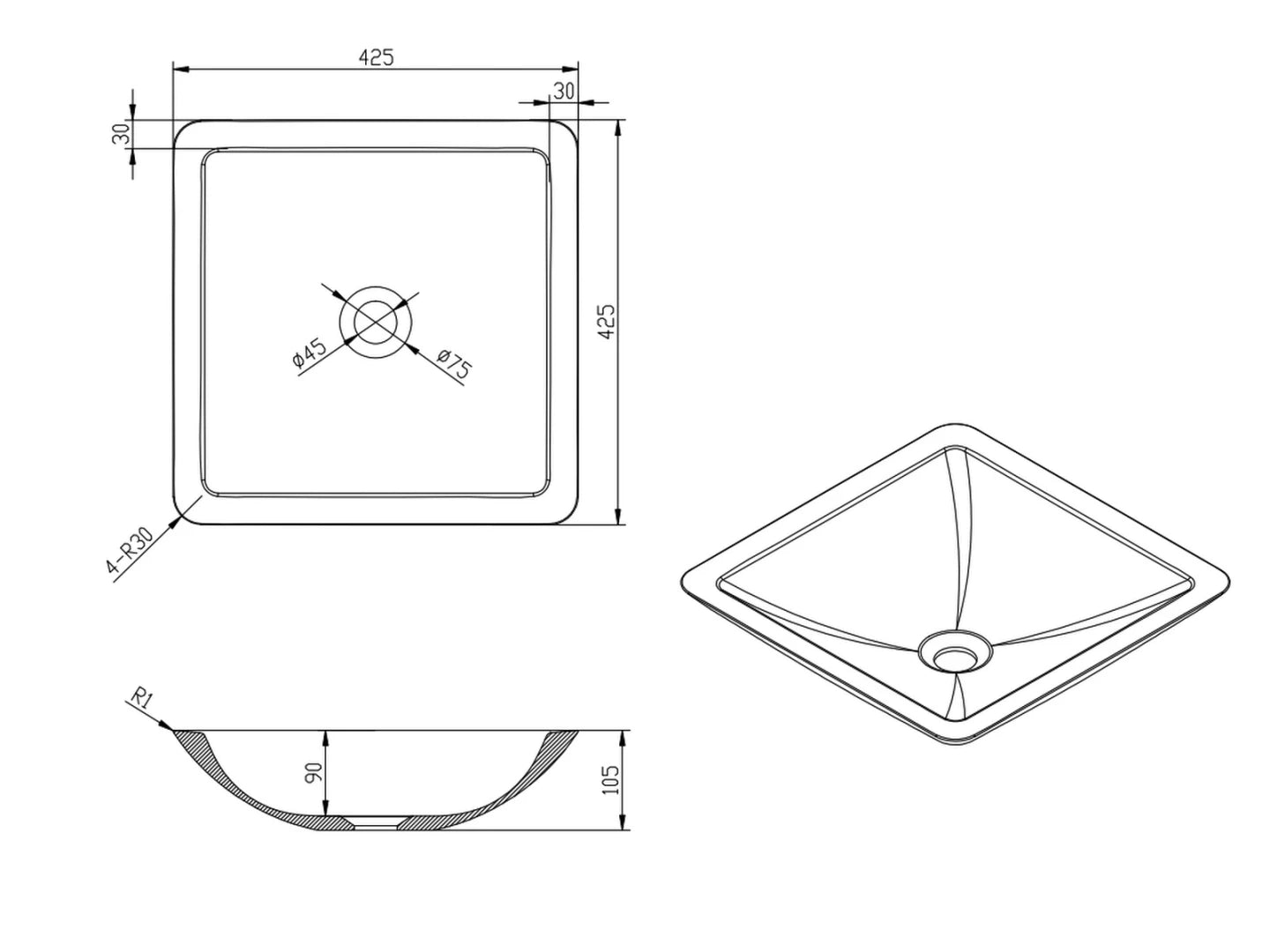 Opzet waskom - Solid surface - Bren Mat wit - 40x40x14cm