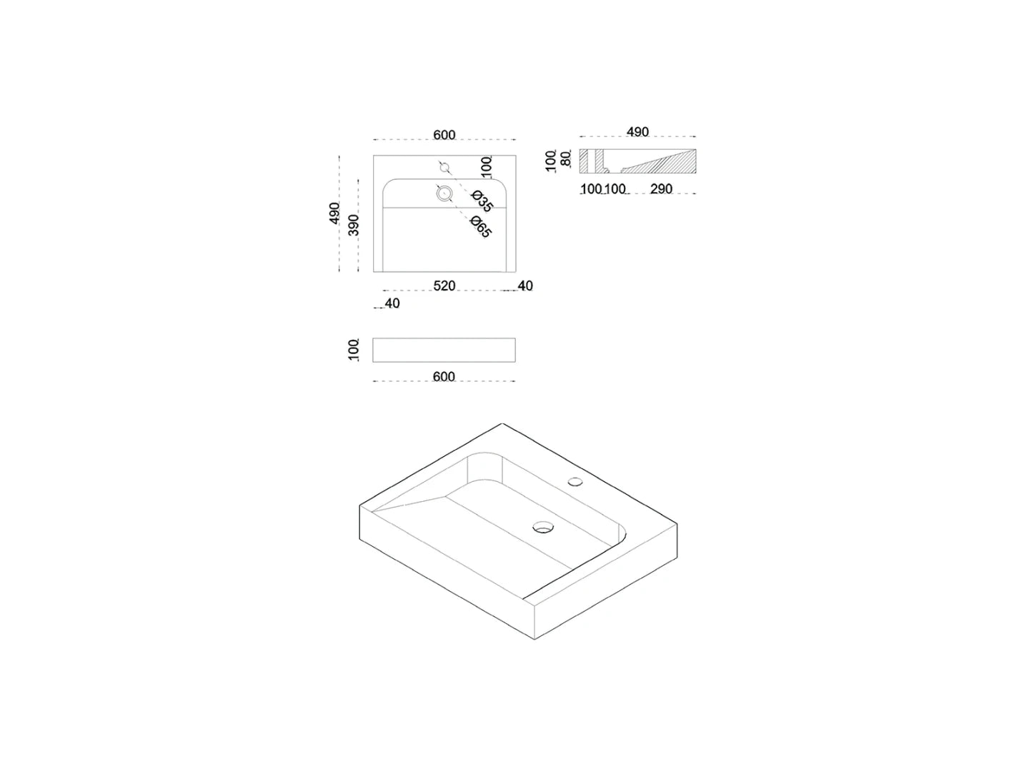 Wasbak Stigma Natuursteen Met Gat Grijs - 49x60x10cm