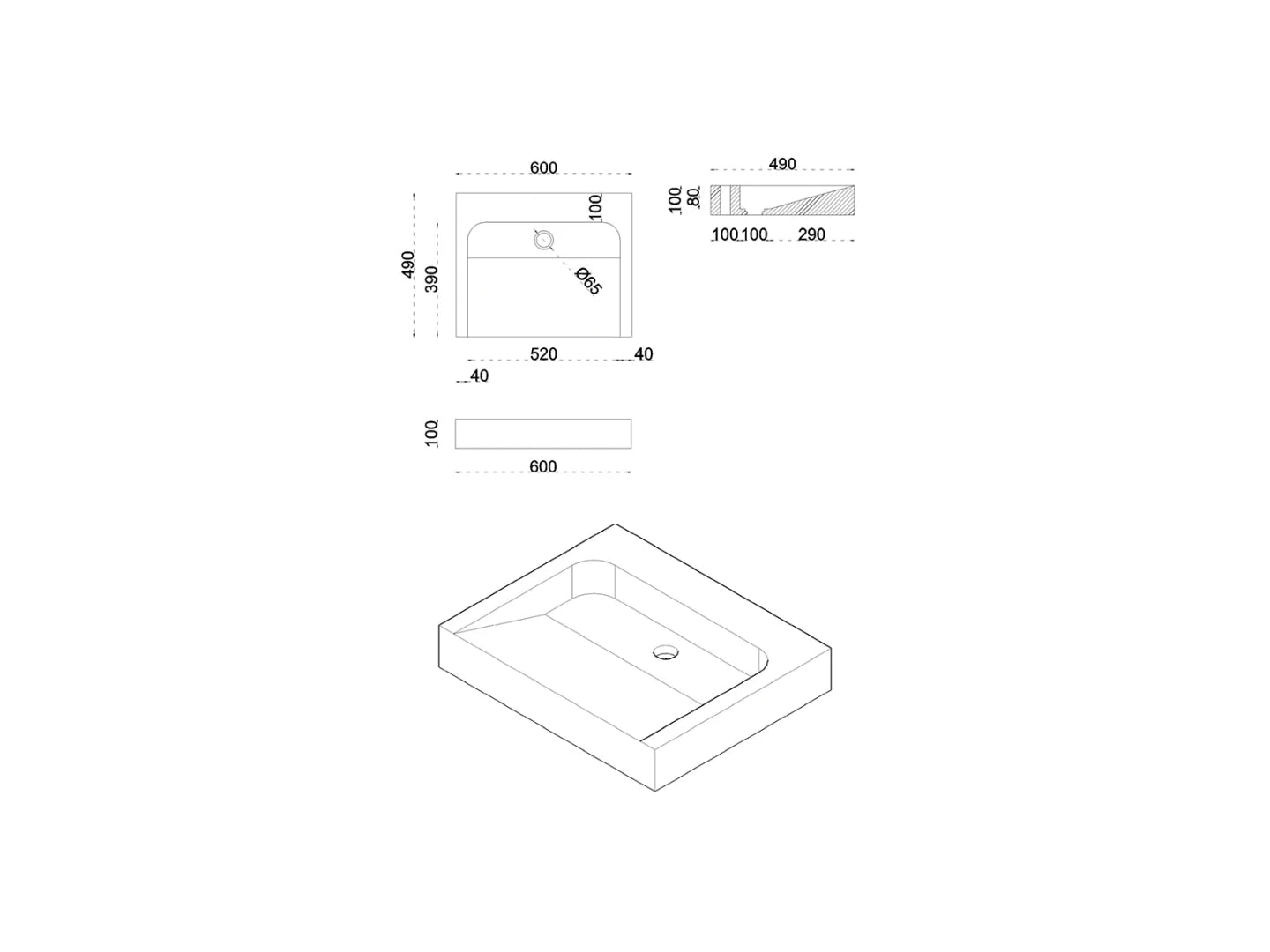 Wasbak Stigma Natuursteen Zonder Gat Grijs - 49x60x10cm