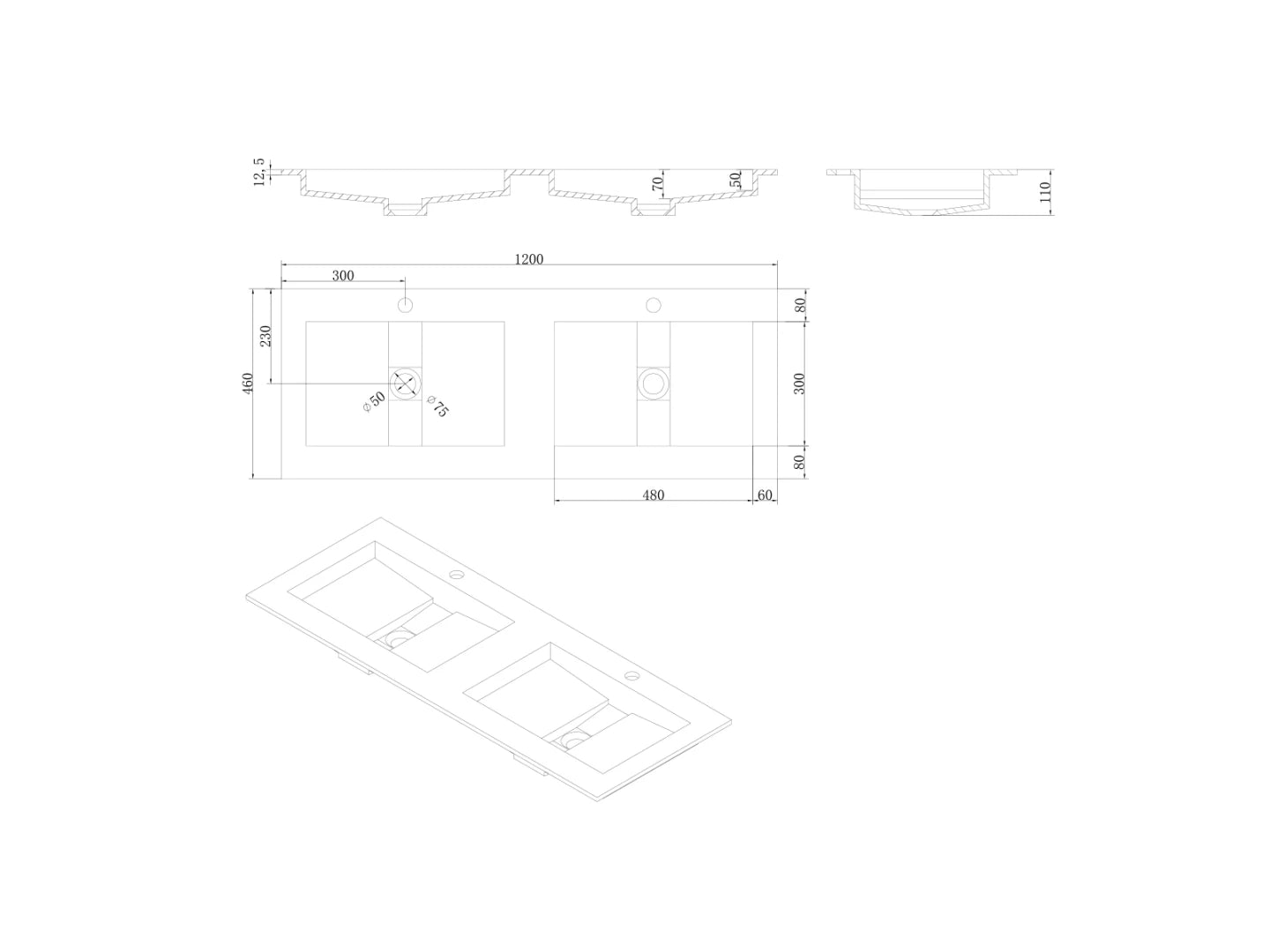Inbouw wastafel - Solid surface - Ash Mat wit - 49x120x11cm