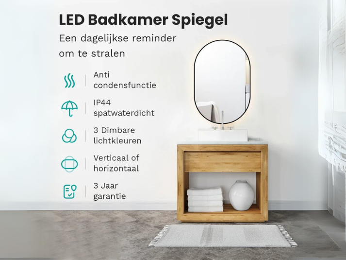 Lumaro LED Badkamerspiegel - 90x50cm Ovaal - Zwart Frame - Anti-condens - Drie dimbare lichtstanden