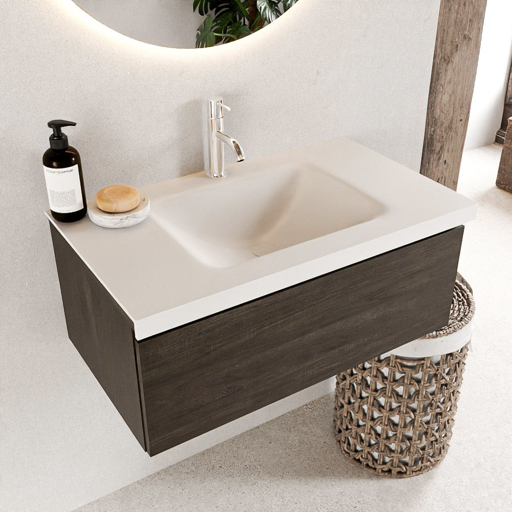 MONDIAZ BUKLA 80cm badmeubel modulair kleur Dark Brown met 1 lade. Wastafel CLOUD midden 1 kraangat kleur Talc.