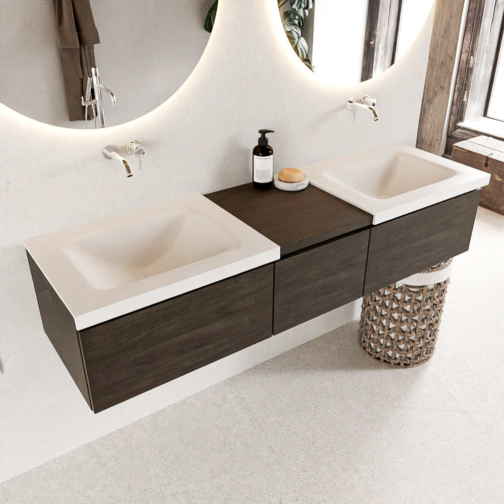 MONDIAZ BUKLA 160cm badmeubel met module 40 kleur Dark Brown met 3 lades. Wastafel CLOUD dubbel 0 kraangaten kleur Talc.