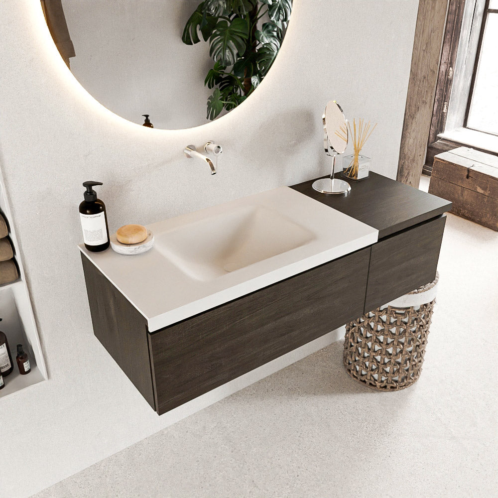 MONDIAZ BUKLA 120cm badmeubel met module 40 kleur Dark Brown met 2 lades. Wastafel CLOUD links 0 kraangaten kleur Talc.