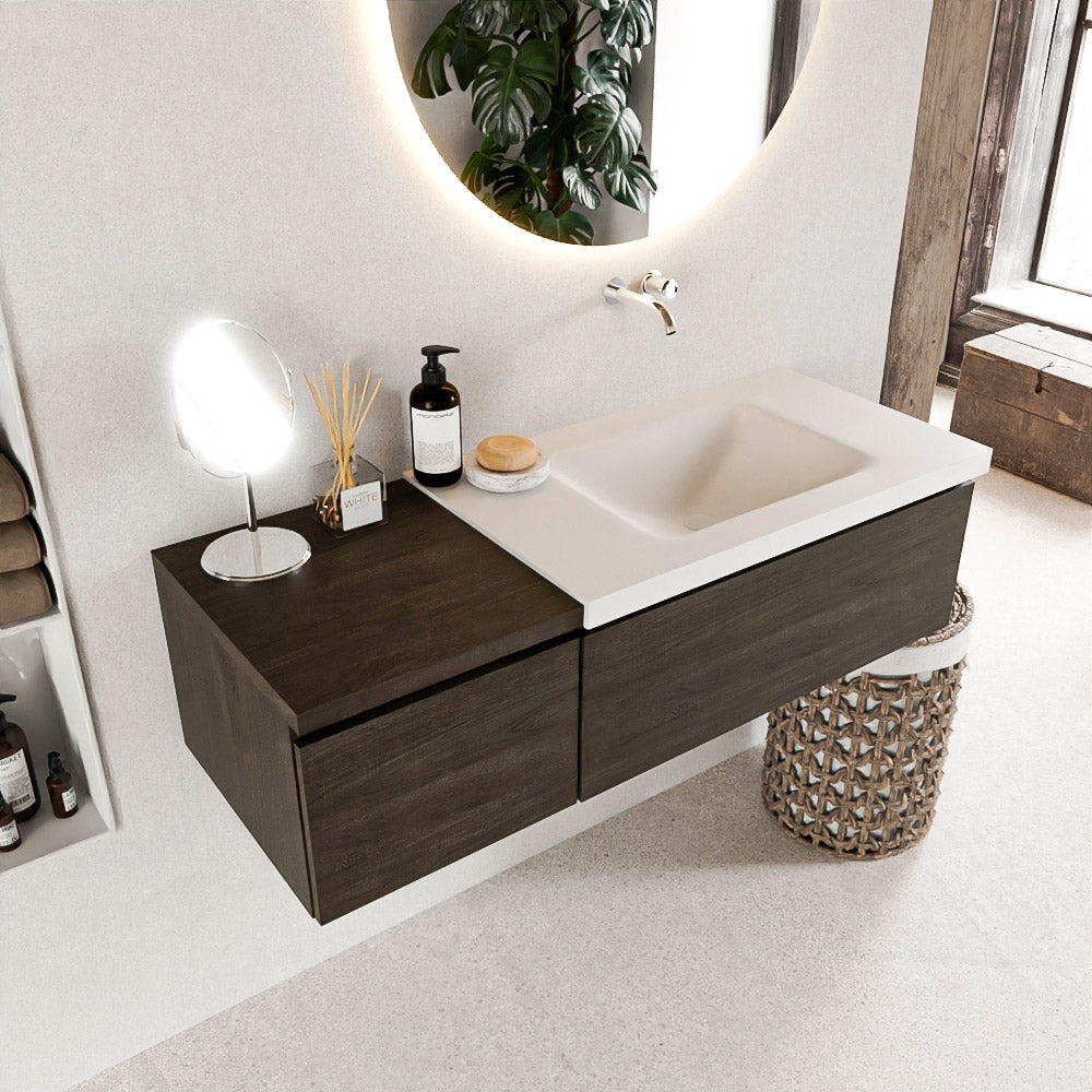 MONDIAZ BUKLA 120cm badmeubel met module 40 kleur Dark Brown met 2 lades. Wastafel CLOUD rechts 0 kraangaten kleur Talc.