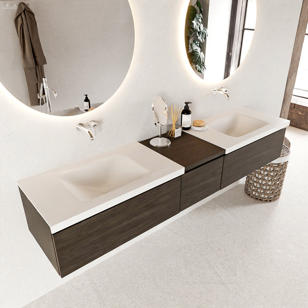 MONDIAZ BUKLA 200cm badmeubel met module 40 kleur Dark Brown met 3 lades. Wastafel CLOUD dubbel 0 kraangaten kleur Talc.