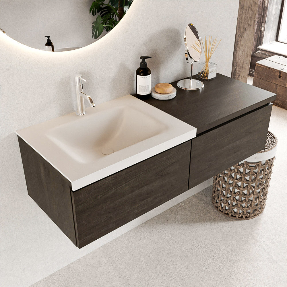 MONDIAZ BUKLA 120cm badmeubel met module 60 kleur Dark Brown met 2 lades. Wastafel CLOUD links 1 kraangat kleur Talc.