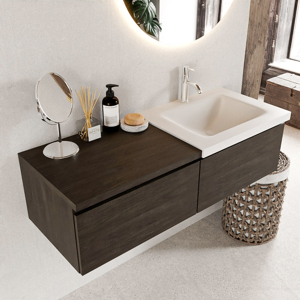 MONDIAZ BUKLA 120cm badmeubel met module 60 kleur Dark Brown met 2 lades. Wastafel CLOUD rechts 1 kraangat kleur Talc.