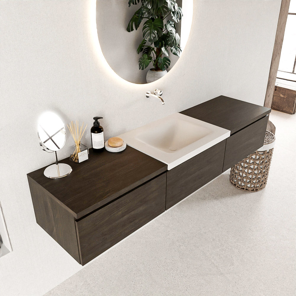 MONDIAZ BUKLA 180cm badmeubel met module 60 kleur Dark Brown met 3 lades. Wastafel CLOUD midden 0 kraangaten kleur Talc.