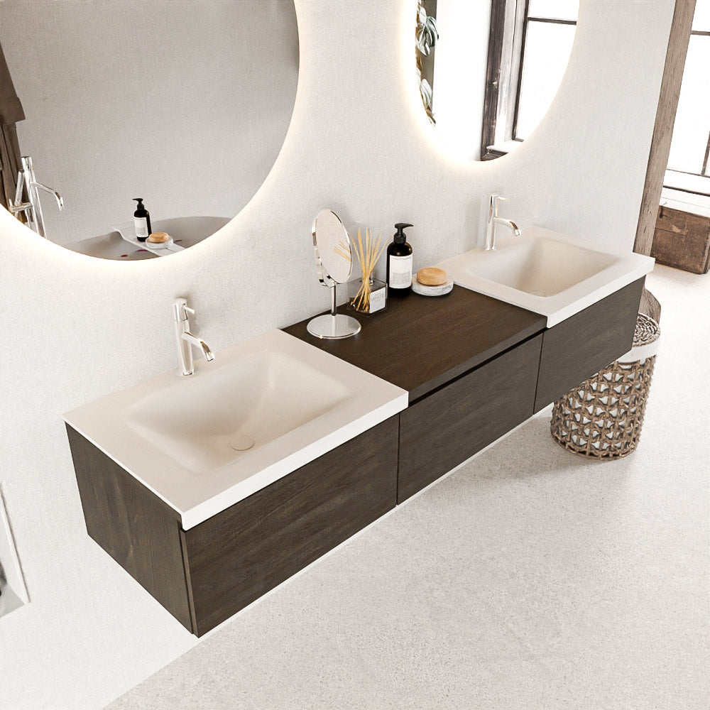 MONDIAZ BUKLA 180cm badmeubel met module 60 kleur Dark Brown met 3 lades. Wastafel CLOUD dubbel 2 kraangaten kleur Talc.